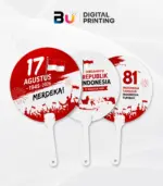Kipas Kerang Custom Kemerdekaan untuk merchandise HUT RI dengan desain merah putih dari BU Digital Printing.