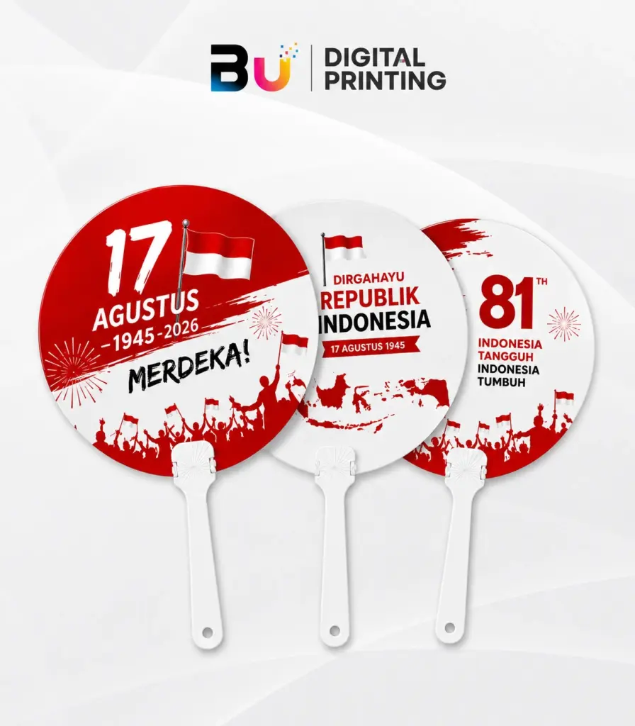 Kipas Kerang Custom Kemerdekaan untuk merchandise HUT RI dengan desain merah putih dari BU Digital Printing.