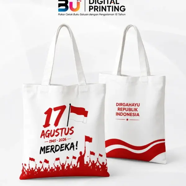 Totebag Custom Kemerdekaan dengan desain HUT Republik Indonesia untuk merchandise perusahaan, seminar, dan event dari BU Digital Printing.