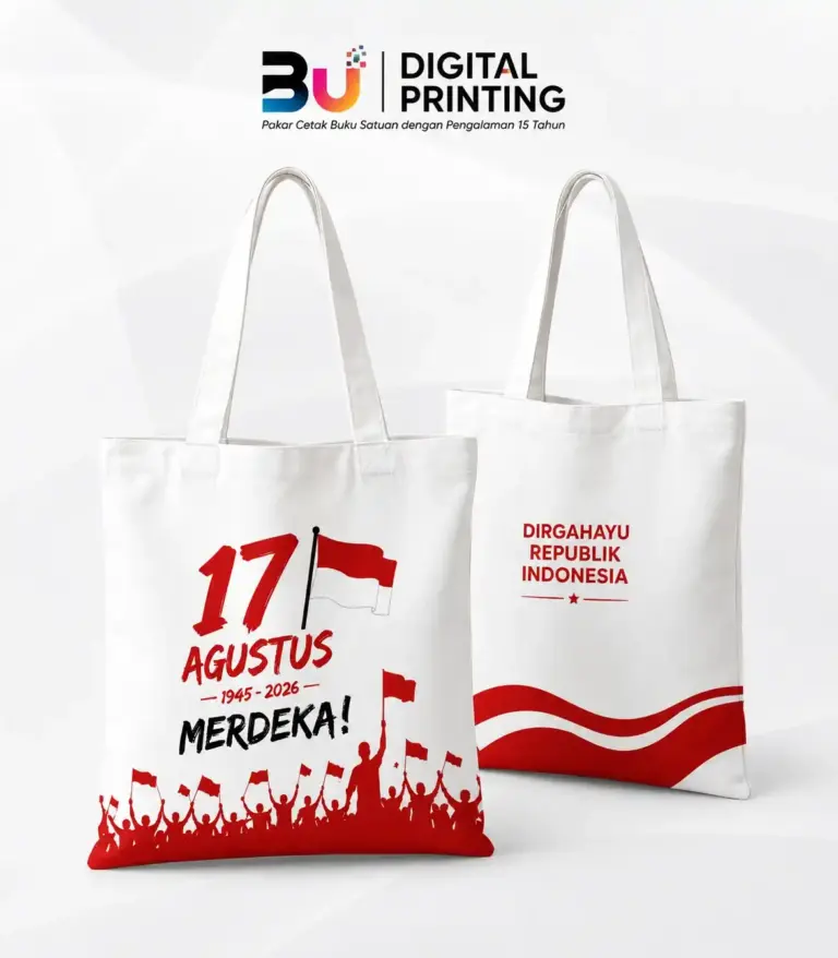 Totebag Custom Kemerdekaan dengan desain HUT Republik Indonesia untuk merchandise perusahaan, seminar, dan event dari BU Digital Printing.